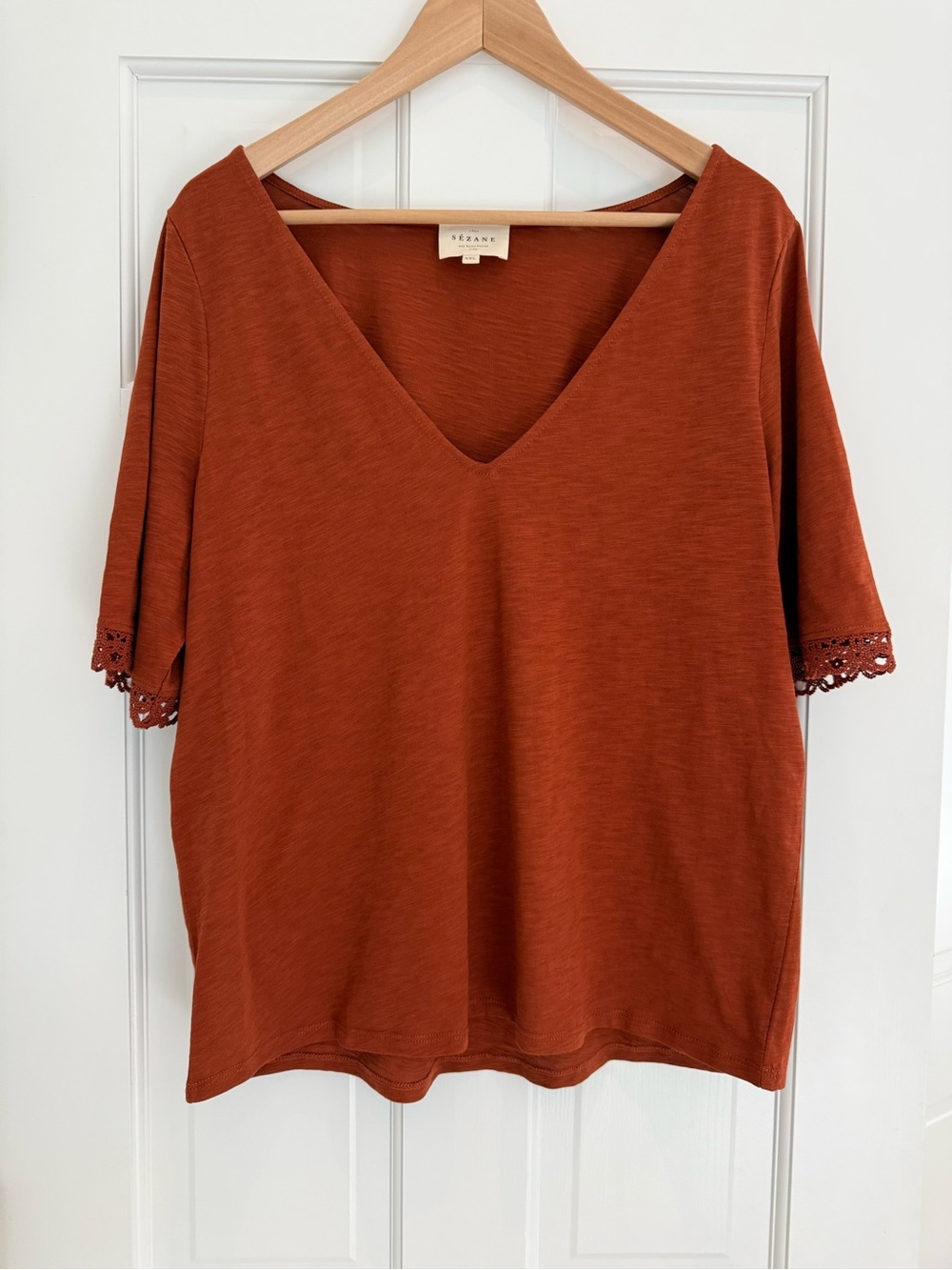 Sezane Top Lorna T-Shirt Rust Blouse Short Sleeve Cotton Women sz XXL